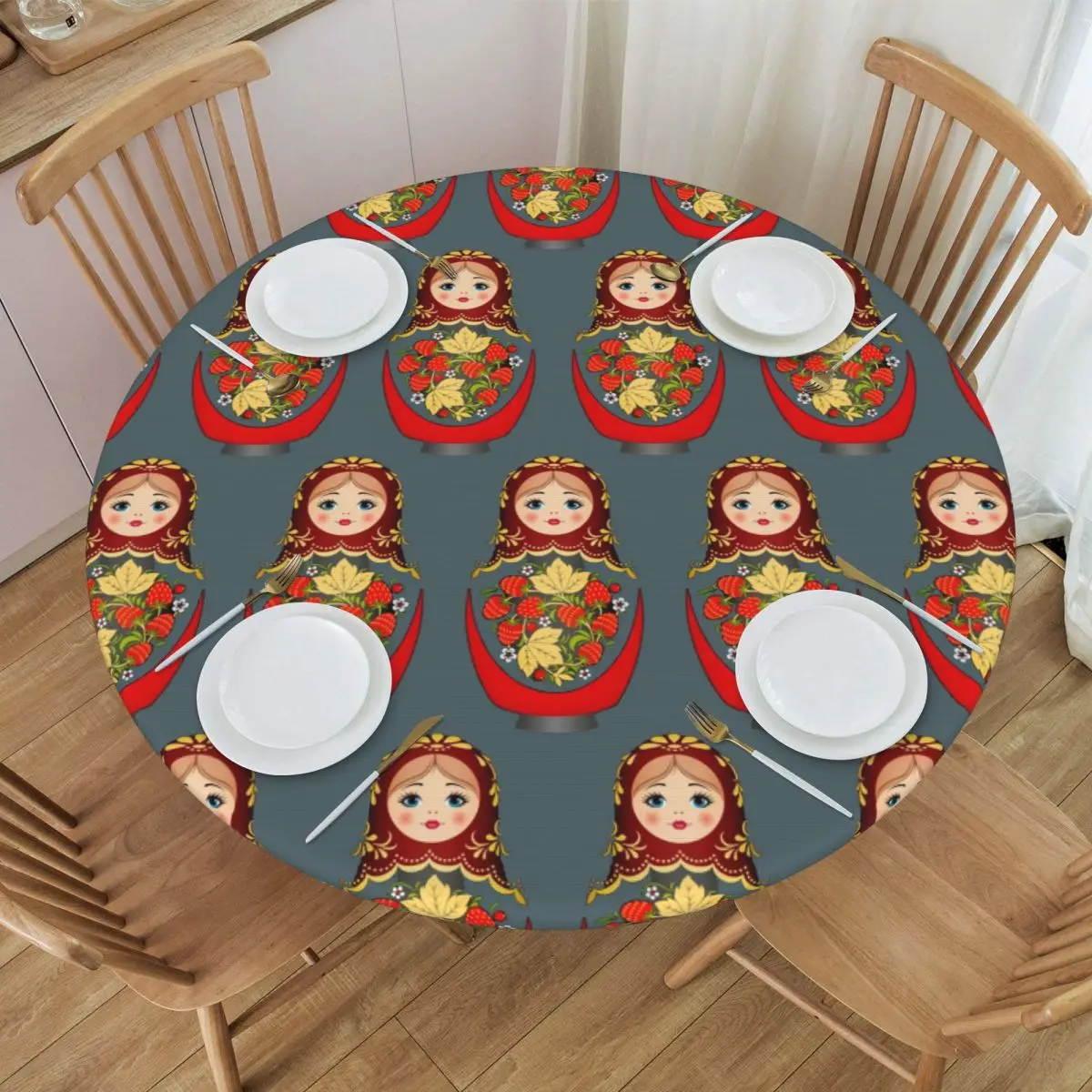 Matryoshka Russian Nesting Doll Waterproof Round Tablecloth Oilproof Table Cloth for Kitchen Events Dining Table Cover