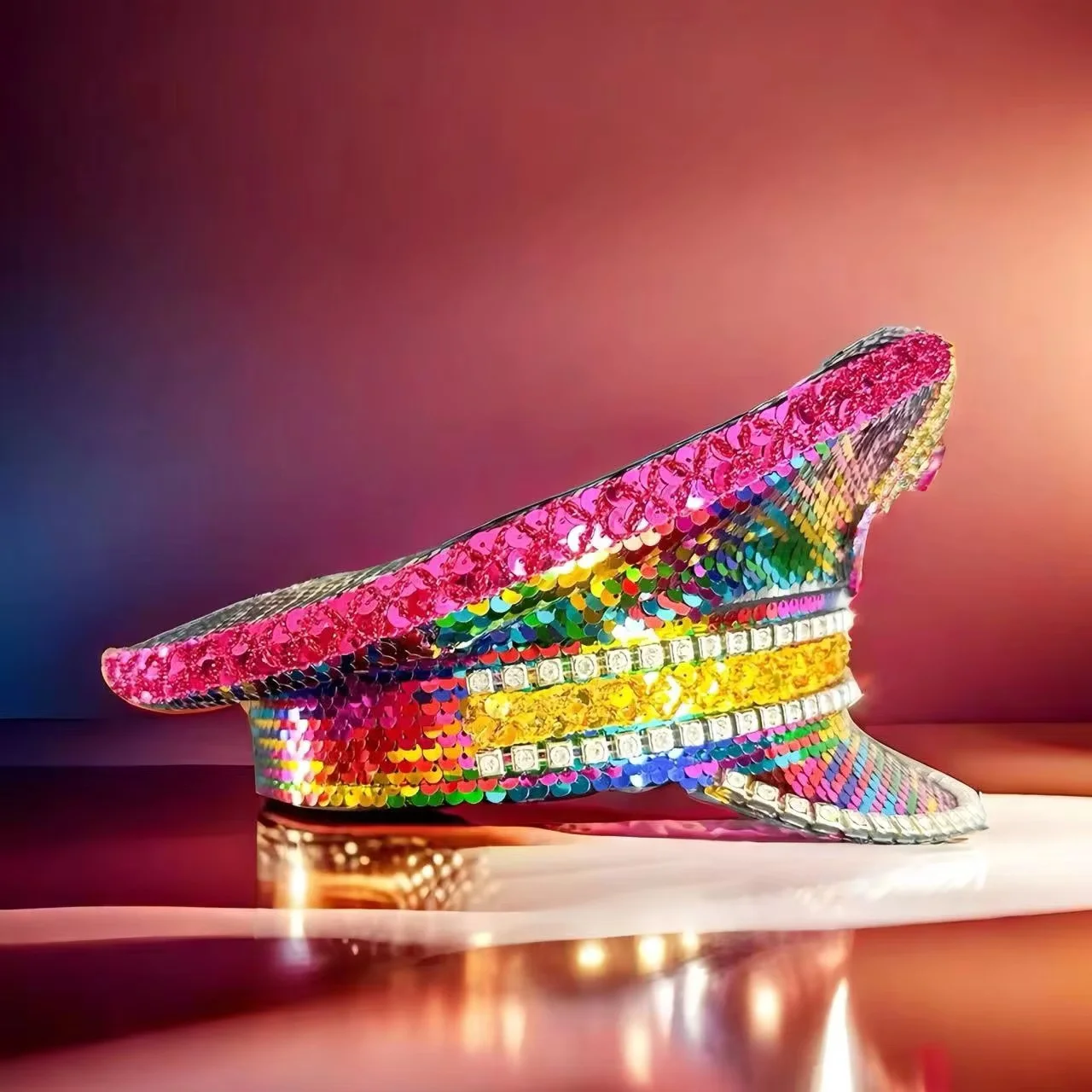 HongLuan Yellow Laser Leather Loop Captain Hat Rhinestone & Military Caps for Woman, Rave Festivals Accessories ＆ Party Cap Man