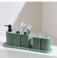 Bathroom Accessories Set Green Striped Ceramics Tooth Brush Holder Soap Container Cup Storage Tray Cotton Swab Box