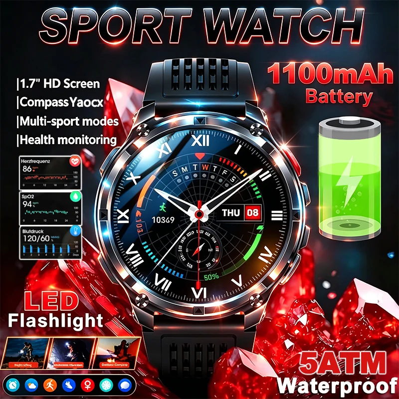 

2026 Sport Smart Watch 1.7" HD Screen 1100mAh Battery 5ATM Waterproof Compass Health Monitor LED Flashlight Military Smart Watch