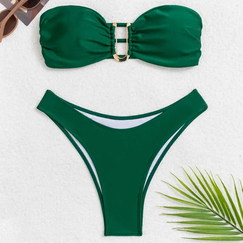 Summer Push Up Bandeau Swimsuit Straps Bikini Set Solid Color Sexy Swimwear for Women Beach Brazilian Biqini Bathing Suit Women view 6
