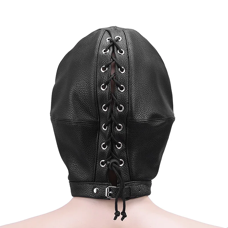 Retro PU Leather Men Head Masks Sexy Exposed Eyes and Mouth Face Mask Cosplay Holiday Party Costume Roleplay Black Headgear