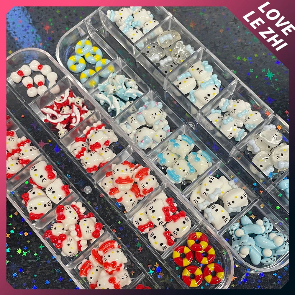 60Pcs Resin Hawaiian Black Skin Kt Cat Nail Art Charm Mixed Dolphin Bowknot Swim Ring Manicure Crafts Party Diy Accessories