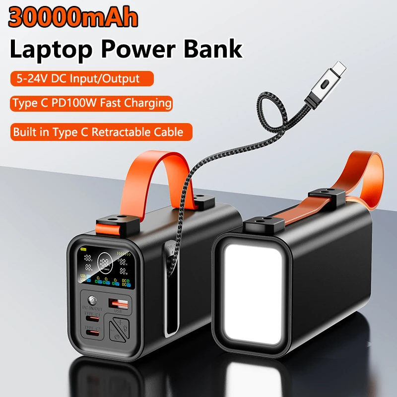 Power Bank 30000mAh Retractable USB C Cable PD 100W Fast Charging Powerbank for Laptop iPhone 17 Samsung Xiaomi External Battery