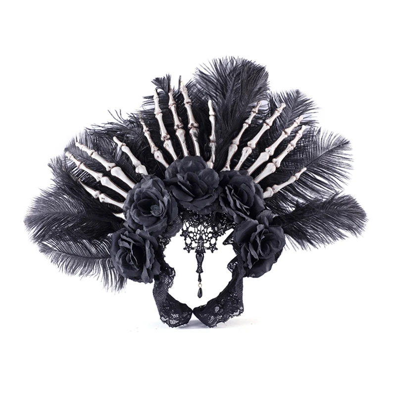 

Fashion Black Color Flower Feather Hair Hoop Headband with Hand Skull Stage Halloween Party Women Styling Head Wear