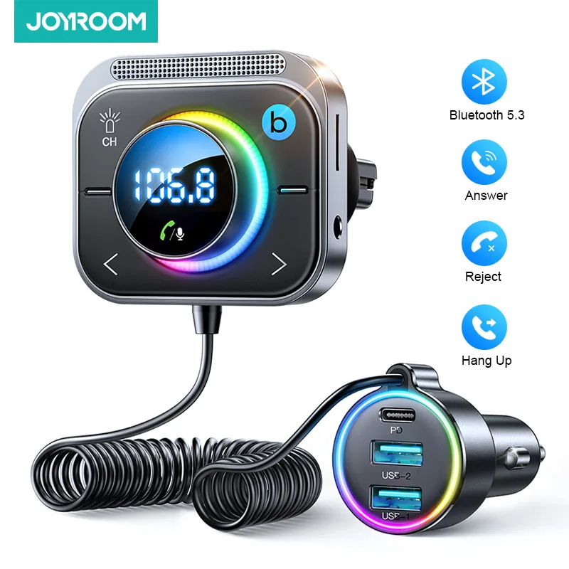 Joyroom Auto Bluetooth 5.3 FM/AUX Zender Auto Adapter Handsfree Bellen 3 Snelle Oplaadpoorten Zender Oplader PD QC 3.0