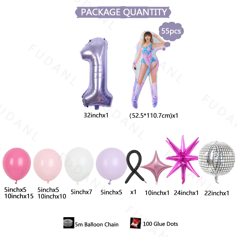 55pcs Taylor Theme Balloon Column Set Purple Number Foil Balloon Girl Birthday Adult Child Birthday Party Decor Helium Globos