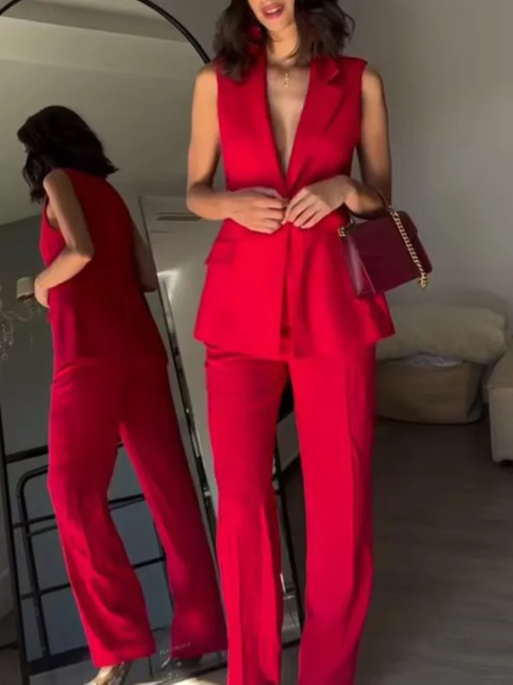 HH-Top largo sin mangas con un solo botón y solapa mezclada para mujer, traje informal de cintura alta con cremallera y bolsillo lateral, pantalones rectos