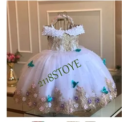 Vestido de flores sin hombros para bebé, perlas, encaje, mariposas, fiesta de primer cumpleaños infantil, vestido de princesa de comunión