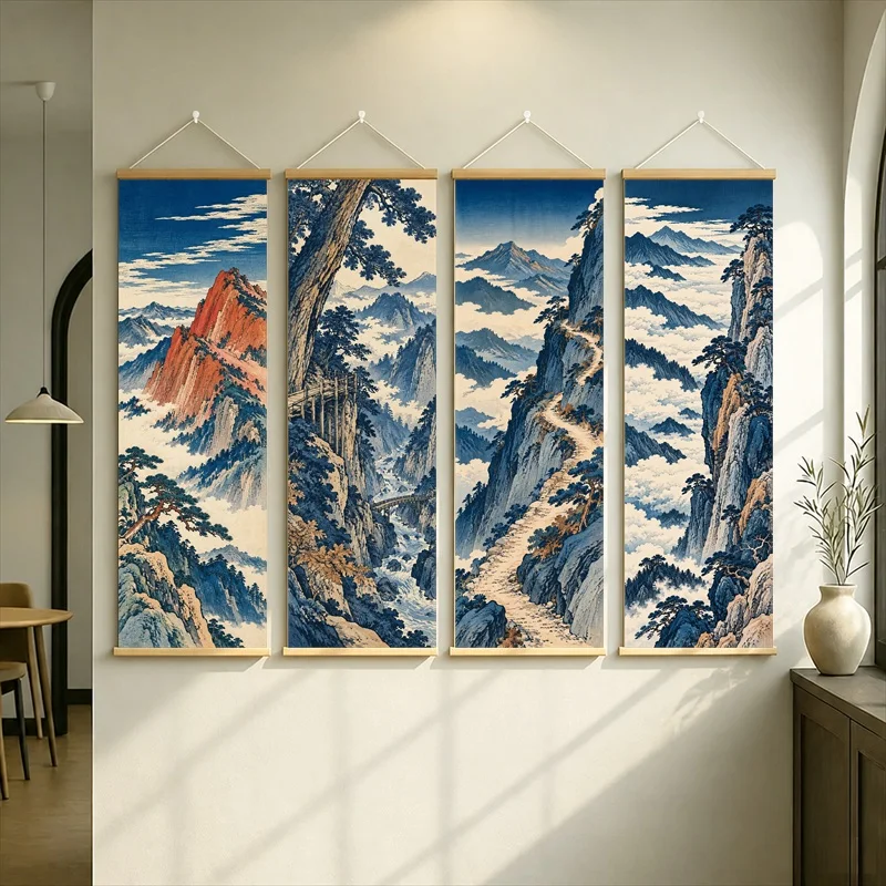 Japanese Ukiyo-e Hanging Scroll with Rugged Mountain Peaks, Clouds and Pine Trees in Blue Landscape Colors for a Living Room