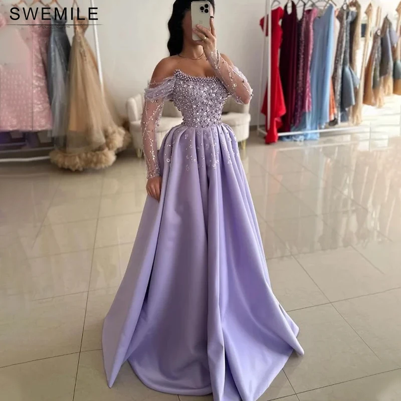 

SWEMILE A-Line Satin Pearls Evening Dress Arabic Off Shoulder Long Sleeve Beaded Sequin Wedding Party Prom Gown فساتين س