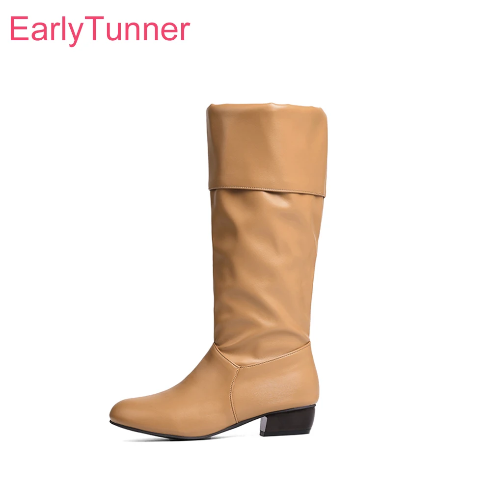 

2025 Winter New Apricot Red Women Mid Calf Boots Round Toe Med Chunky Heels Office Lady Nude Shoes Plus Big Size 11 43 47