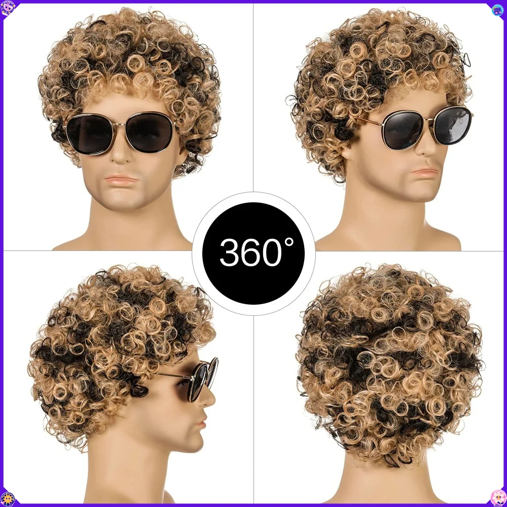 Men Short Curly Synthetic Wig Natural Look Cosplay Hairpiece, Breathable Comfortable Daily Costume Party Wig for Easy Wear