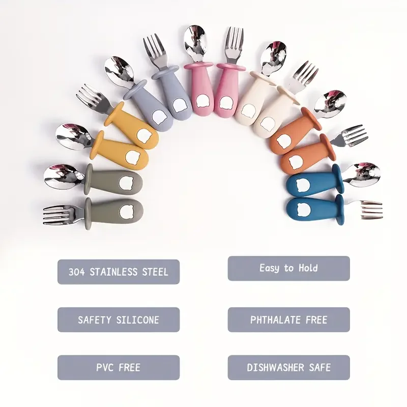 Juego de Tenedor y cuchara de comida para bebé، sin BPA، مانجو دي سيليكونا، أوسو دي ديبوجوس أنيمادوس، فجيلا دي أسيرو غير قابل للأكسدة #3