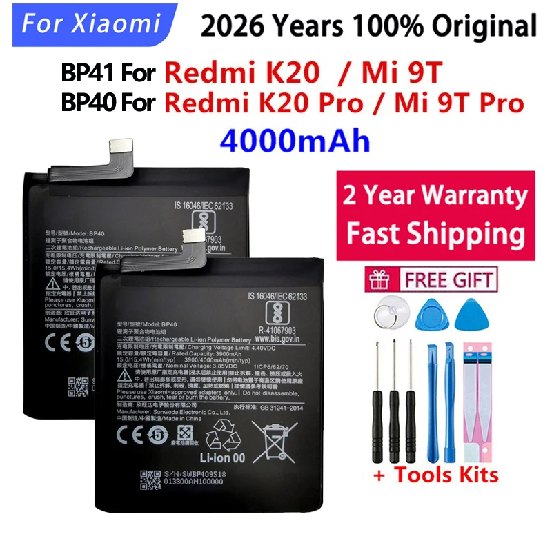 For Xiao Mi 100% Original Battery BP41 BP40 For Xiaomi Redmi K20 Mi 9T Pro Mi9T K20Pro 4000mAh High Capacity Phone Batteria Akku