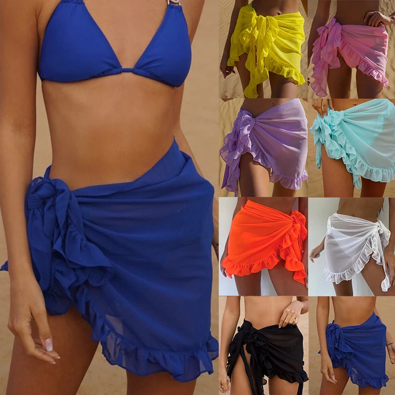 Minifaldas de malla con volantes para mujer, vestido con borlas, Bikini liso, traje de baño, bufanda de Pareo, ropa de playa