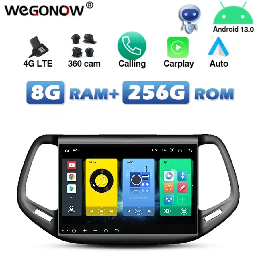 4G SIM Carplay Auto DSP IPS Car DVD Player Android 13.0 8G+256G GPS Map RDS Radio Wifi Bluetooth 5.0 For Jeep Compass 2016 2017