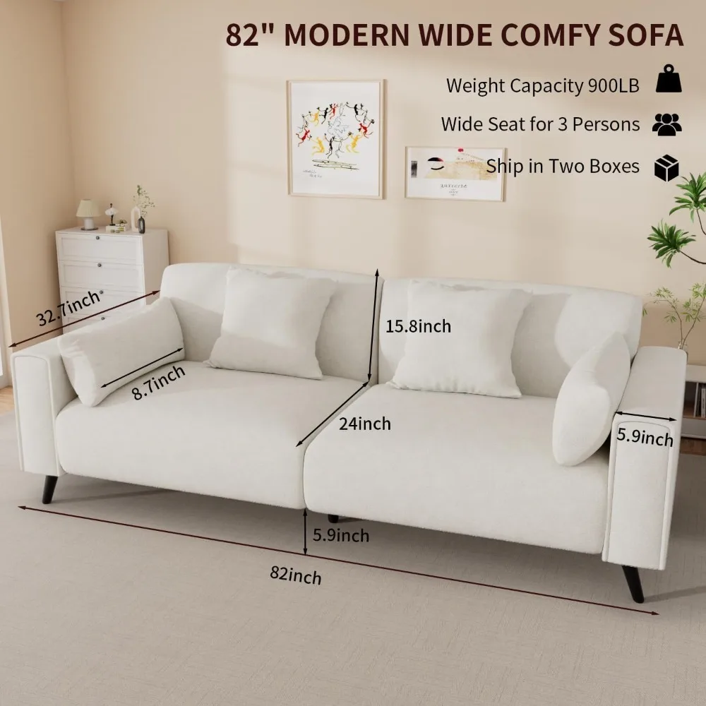 

82" Modern Comfy Sofa, Extra Deep Seat, 2 Throw Pillows, 2 Armrest Pillows, 3 Seater Chenille Couch for Living Room, White