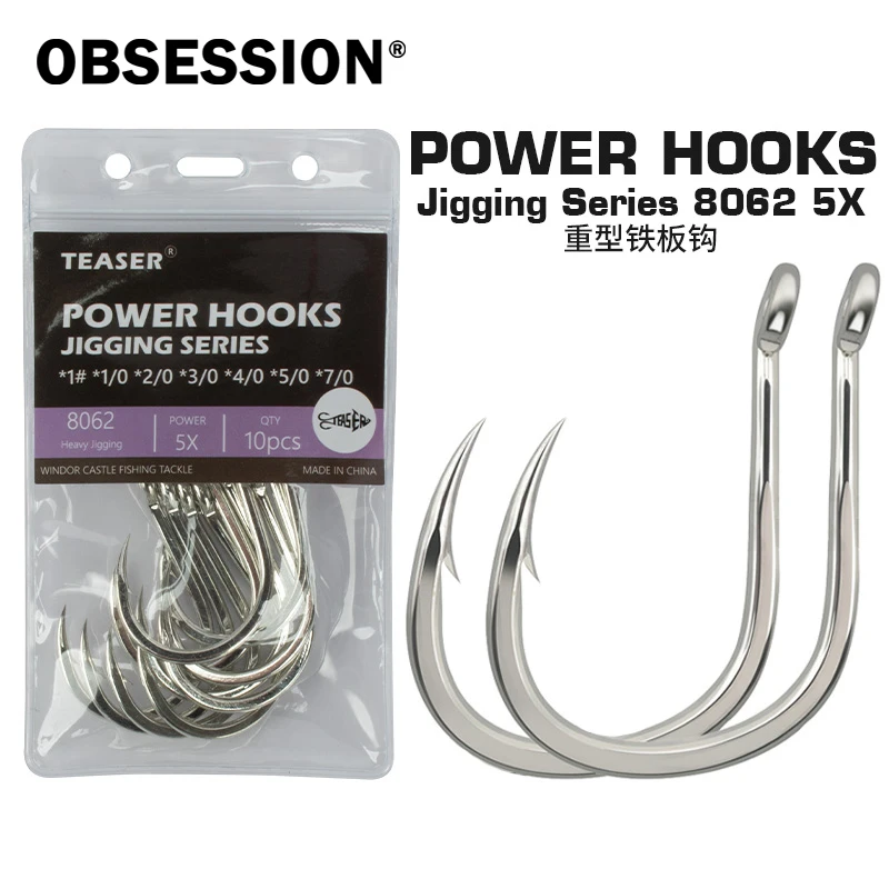 OBSESSION 8062 5X 10pcs/bag 1# 1/0-9/0 High Carbon Steel Heavy Jigging Strong Hook Saltwater Big Game Power Fishing Single Hooks