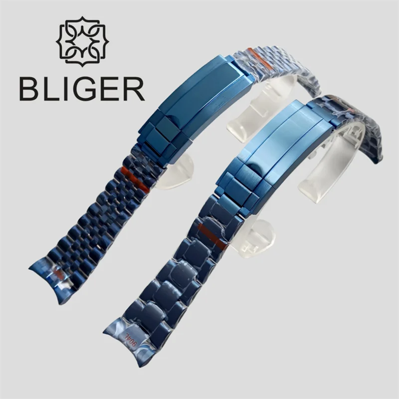 BLIGER Electroplated Blue 20mm Watch Band 904L Stainless Steel Fold Slide Buckle Oysters/Jubilee Bracelet Fit 36mm 40mm41mm Case