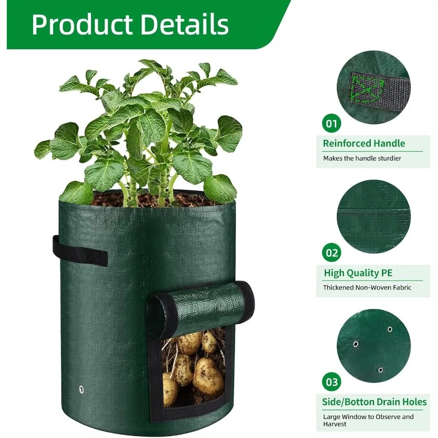 10 Gallon 3Pack Potato Grow Bags Heavy Duty PE Fabric Pots with Flap and Handles Green Planter Bags for Potato Vegetables Outdo