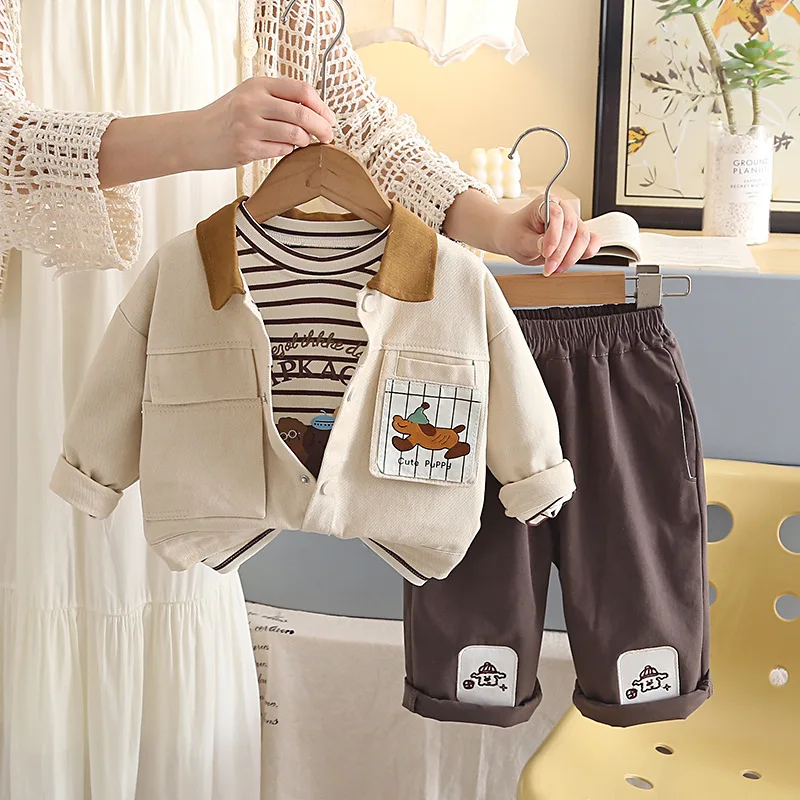 Baby Boy Clothes Set Autumn Winter 3pcs Toddler Outfit Cartoon Dog Print Long Sleeve Jacket Striped T-shirt Pants Kids Clothing
