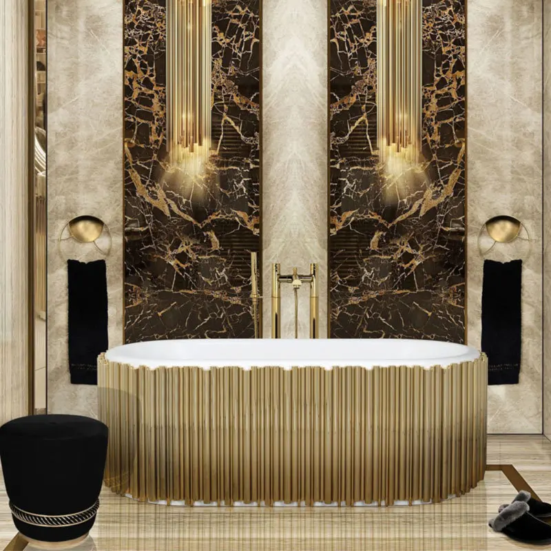 Luxury Adults Freestanding Bathtub White Acrylic with Gold Stainless Steel Faucet Solid Surface Oval Cylindrical Design