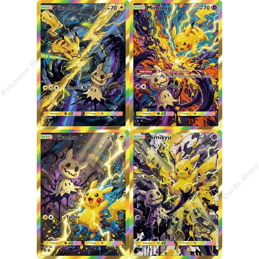 4 Uds. de cartas de Pokémon Mimikyu PTCG, cartas holográficas brillantes raras, colección de cartas creativas, juego de anime, cartas flash, regalo de cartas de Pokémon
