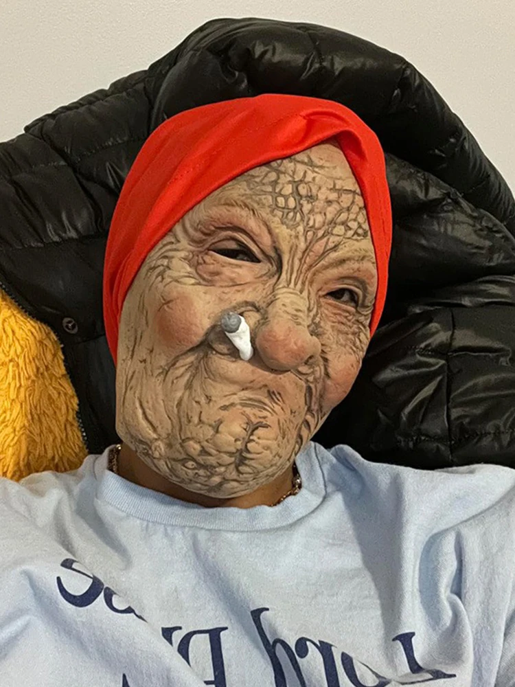 Smoking Old Nana Granny Latex Mask Cosplay Funny Grandma Red Scarf Masks Halloween Carnival Dress Up Purim Party Costume Props