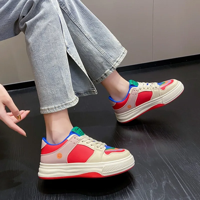 Women Mixed Color Sneakers Casual Flats Trend Skateboard Shoes Breathable Sneakers Non-slip Trainers Lace Up Vulcanized Shoes