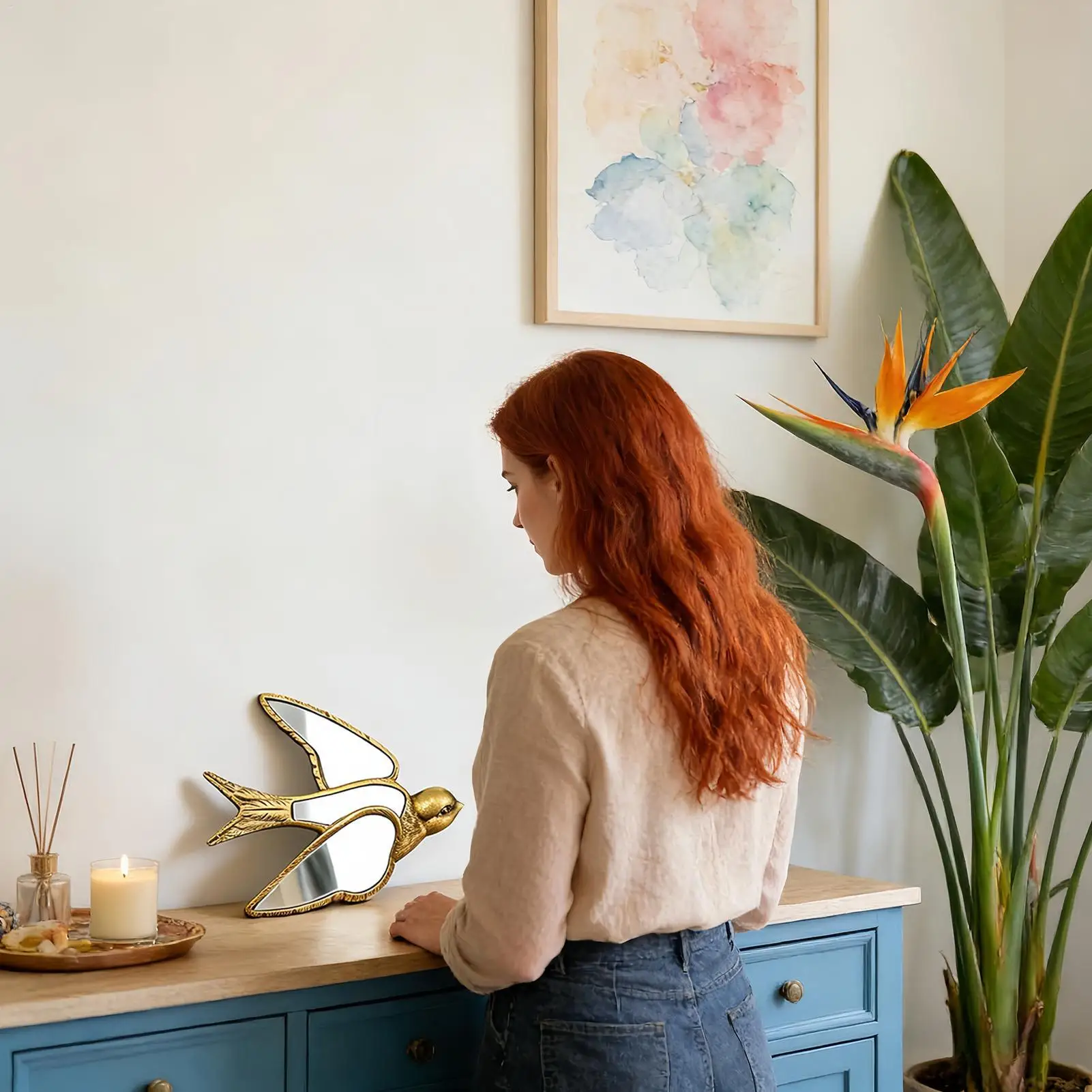 Decorative Wall Mirror Resin Swallow-Shaped Vintage Handmade Art Wall Mirrors For Bathroom Bedroom Living Room Entryway Hallway