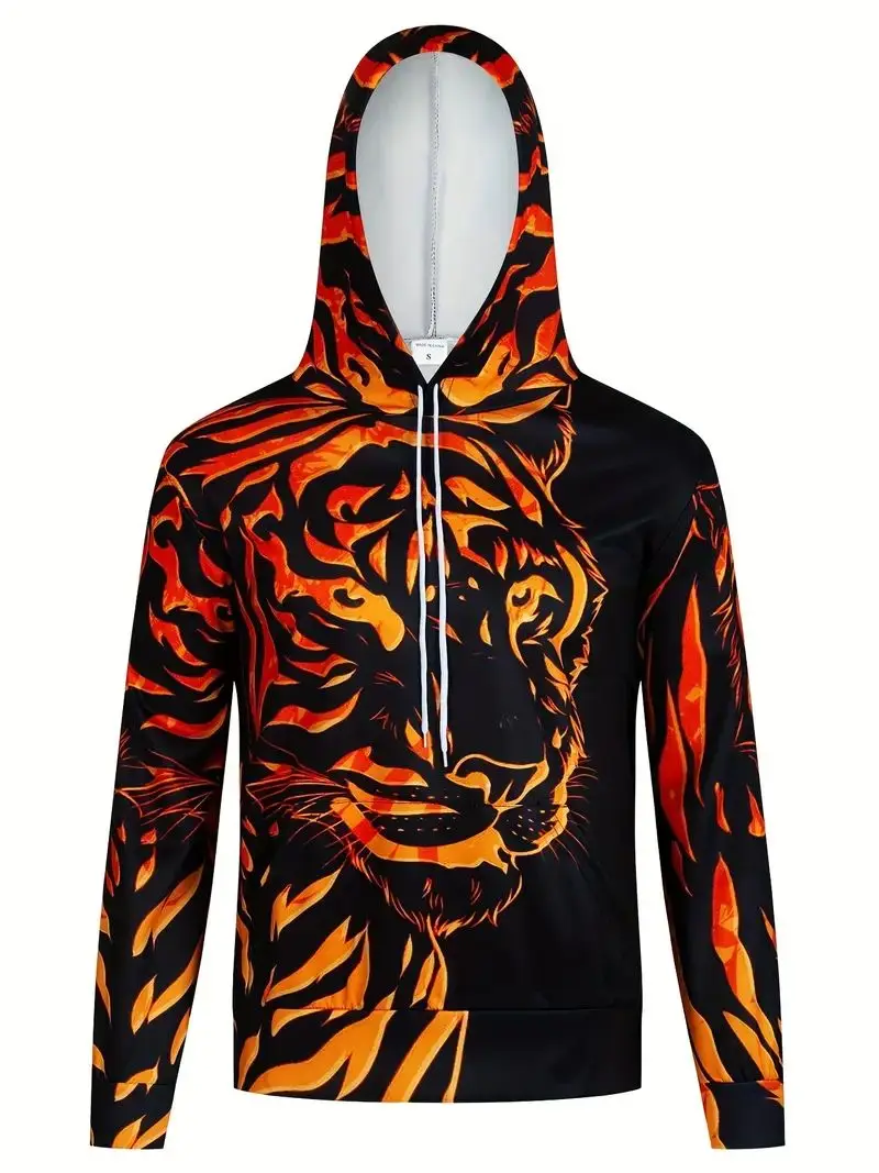 Men\'s 3D Tiger Graphic Hoodie, Active Slightly Stretch Breathable Hooded Sweatshirt For Outdoor 2023 Autumn and Spring Fashion