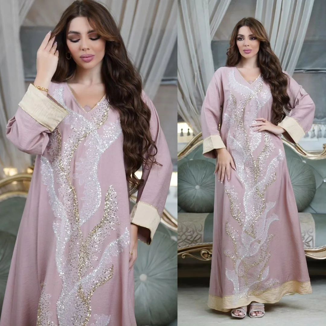 UNI Arabic Muslim Women Abaya Evening Dress Pink Kaftan Sequin Ladies Robe Femme Luxury Dubai  Long Dress