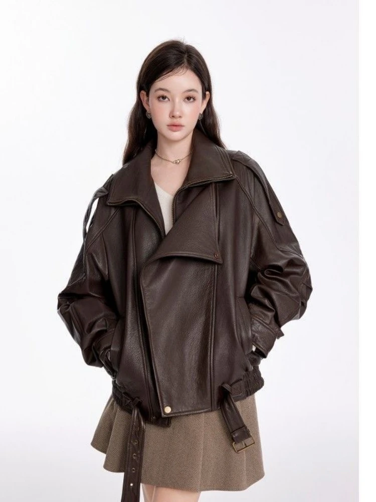 

Женская кожаная куртка в стиле ретро, плотная, функциональная, ветрозащитная, свободного кроя, в гонконгском стиле, с длинными рукавами, мотоциклетная куртка