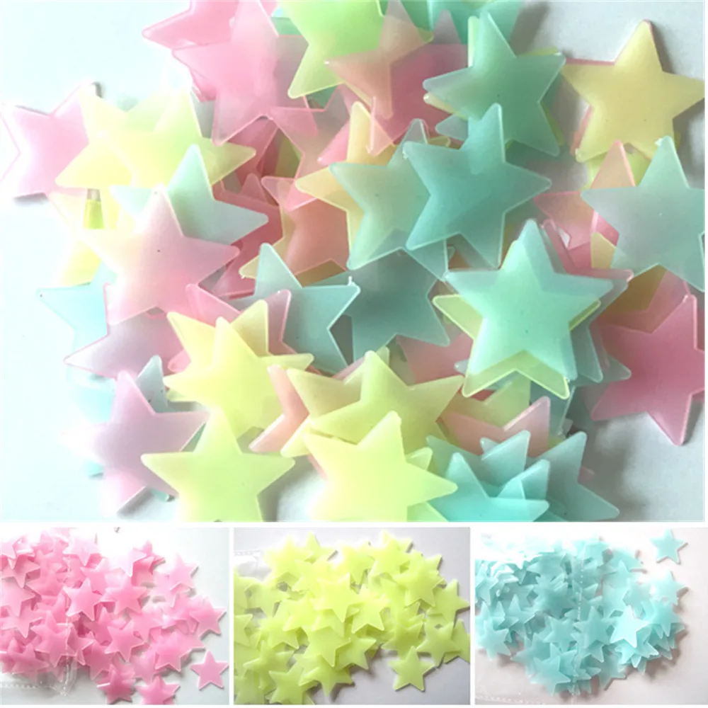 100PC Kids Bedroom Fluorescent Glow In The Dark Stars Wall Stickers Plastic Night Glow Star Wall Decorations