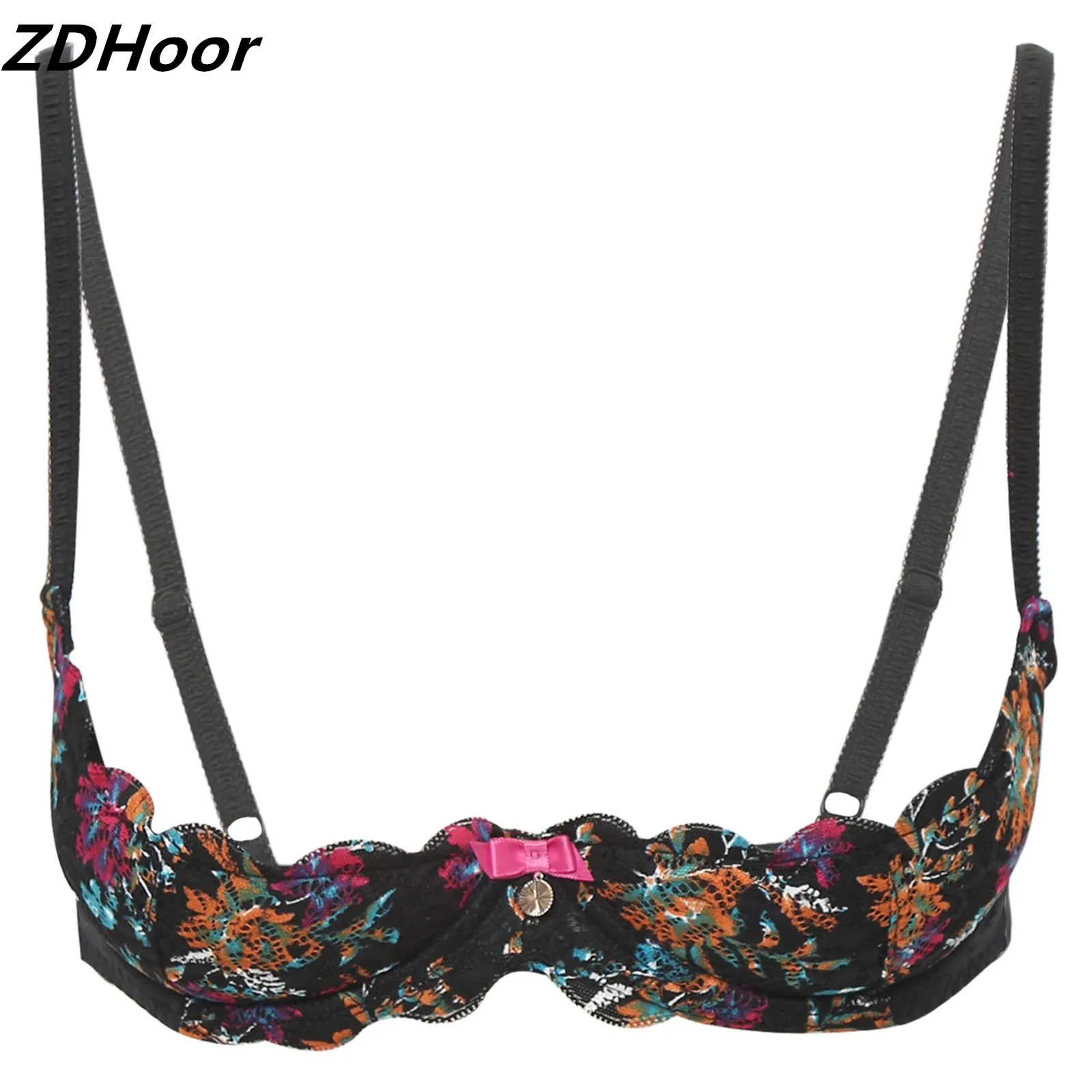 

Womens Sexy Floral Lace Bra 1/4 Cup Underwire Bra 2cm Thick Padded Push Up Balconette Brassiere Tops Tempting Bra Lingerie