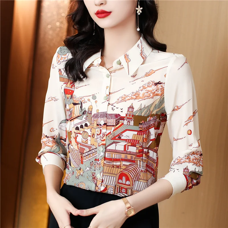 

Early Spring Silk Printed Women Shirt New Fashionable Slim Fit Top