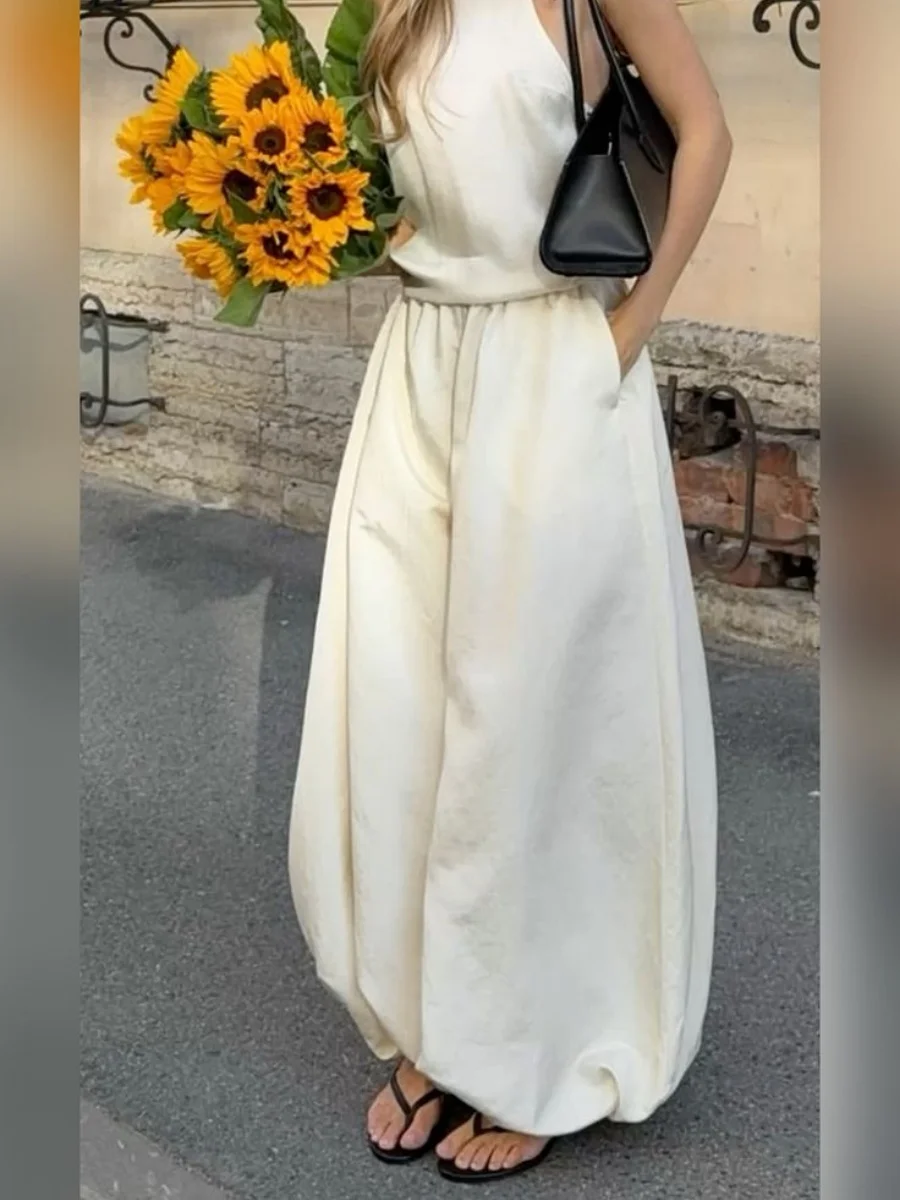 Women's Wide Leg Pants Casual Baggy Balloon Pants Solid Color Elastic Waist Loo… - Image 3