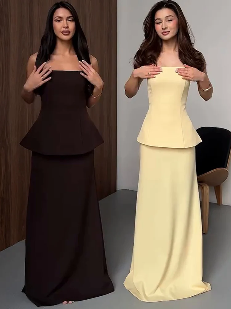 Conjunto de faldas superiores sin tirantes elegantes para mujer, Tops ajustados sin espalda, falda Maxi de cintura alta, trajes sólidos para señora nueva 2025