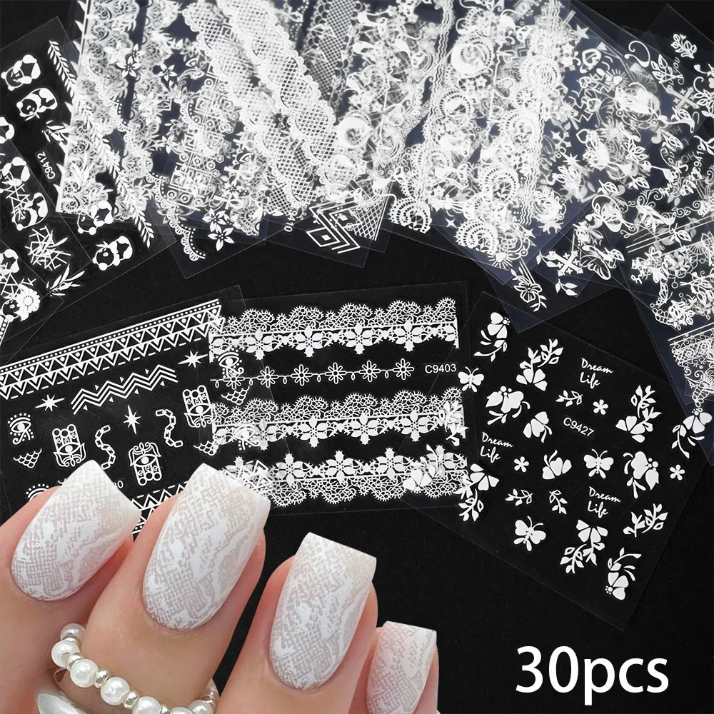 White Lace Nail Sticker 30pcs/Set Romantic Lace Cherry Love Nail Art Stickers For Wedding Bride Elegant Nail Decoration 6.3*5.3