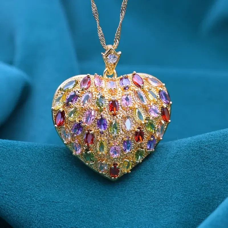 Elegant Multicolor Zirconia Pendant Necklace 18k Golden Plated-Heart Shape Design-Gift for Women Perfect for Weddings&Valentine
