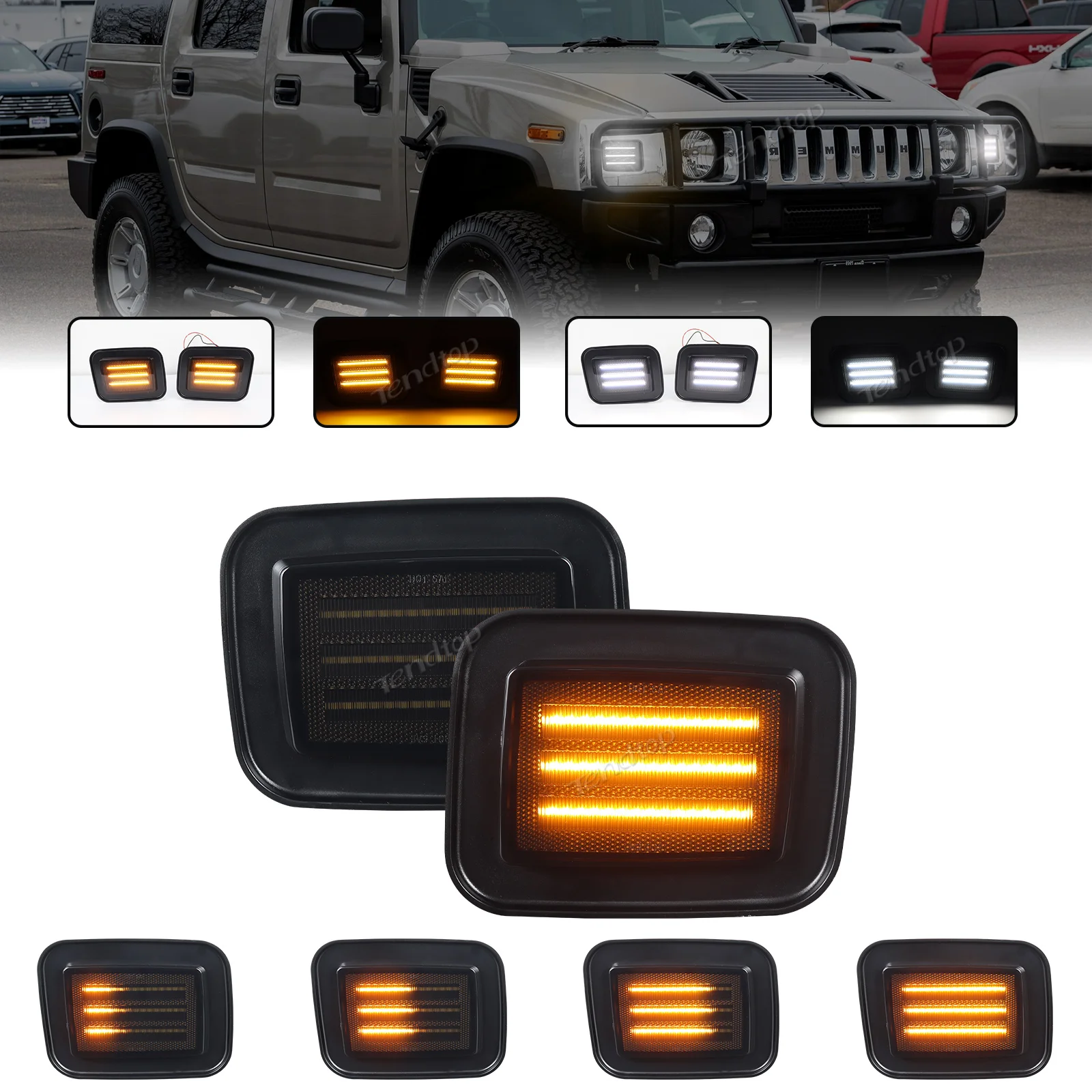 Smoked Lens Side Marker Lamp Front Bumper Dynamic Amber& White DRL Turn Signal Lights Switchback for 2003-2009 HUMMER H2 SUT