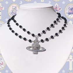 Y2K Crystal Skull Pendant Necklaces Punk Charms Black Beads Necklace Women Chains Choker Goth Jewelry Grunge Accessories