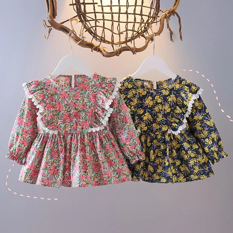 

Autumn Casual Girls Shirts Spring Children's Floral Blouses Little Princess Tops Kids Pretty Birthday Party Long sleeved Shirt