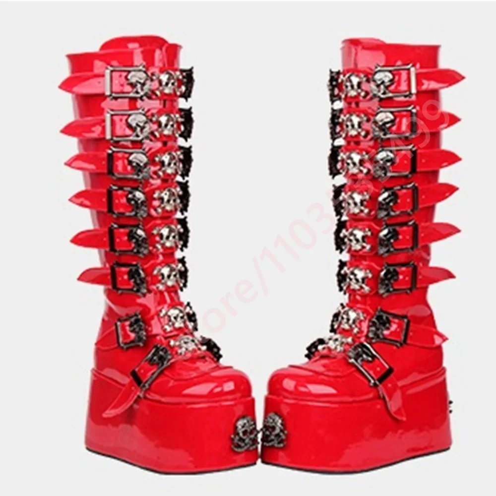 

Red Patent Leather Punk Boots with Metal Buckle 2025 New Street Rock Motorcycle Boots Platform Wedge Heel for Party Y2K Stage