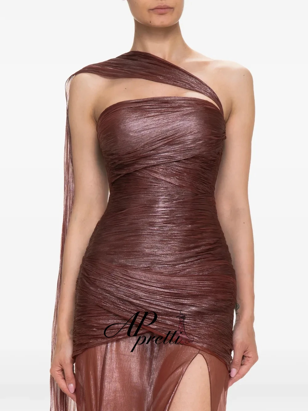 AP pretti Elegant Brown Strapless Pleated Evening Dress Customized Illusion Ruched Shiny Tulle Side High Slit Party Prom Gown