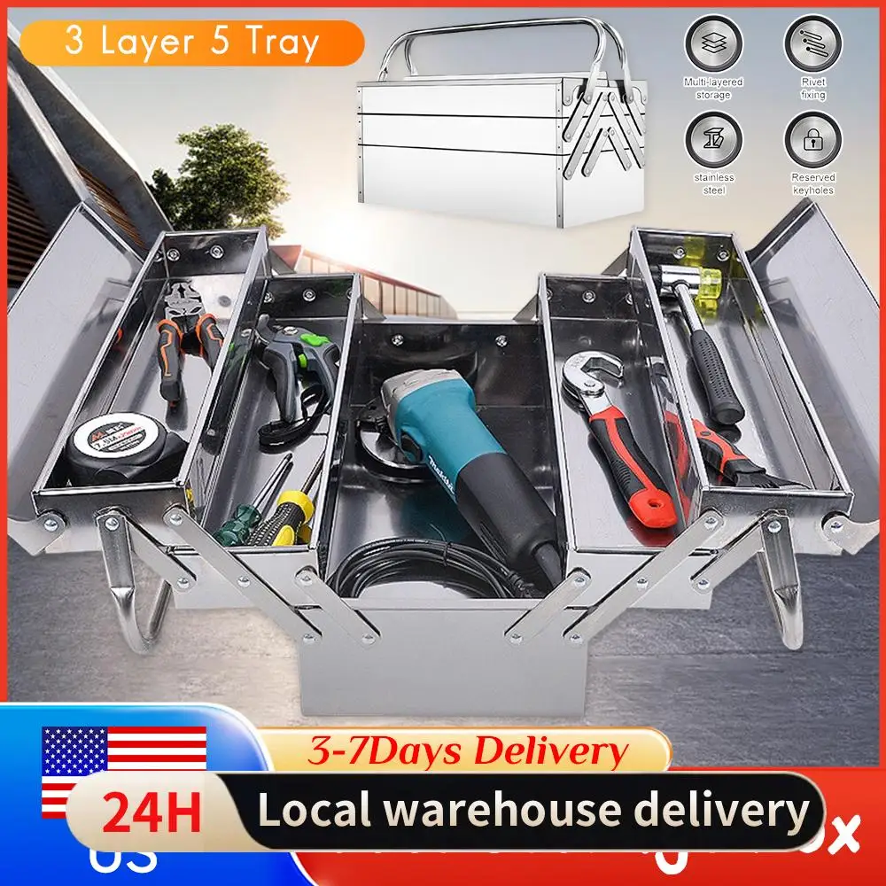 

Portable Foldable Cantilever Tool Box Stainless Steel 3 Levels 5 Retractable Tray Hardware Storage for Auto Repair Workshop ﻿