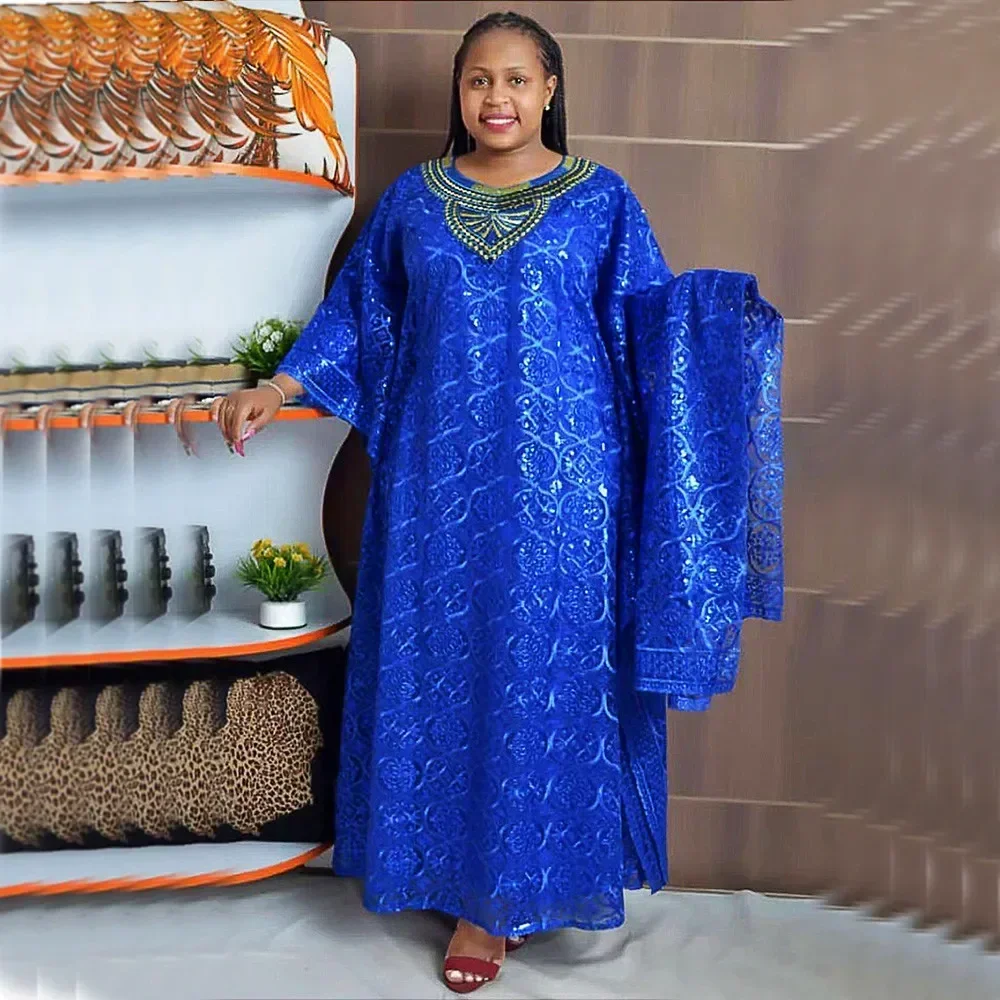

African Dresses for Women Muslim Fashion Lace Boubou Dashiki Traditional Africa Clothes Ankara Outfits Evening Gown with Headtie