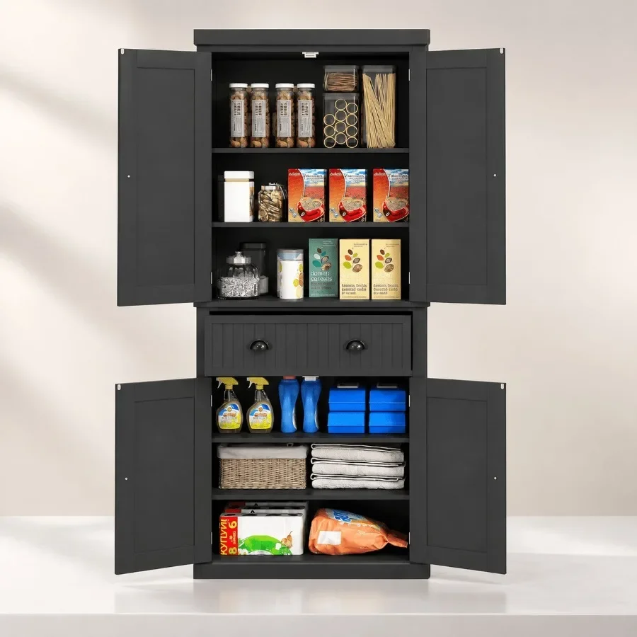 Kitchen pantry cabinet for tall storage, freestanding, black MDF, scratch-resistant finish