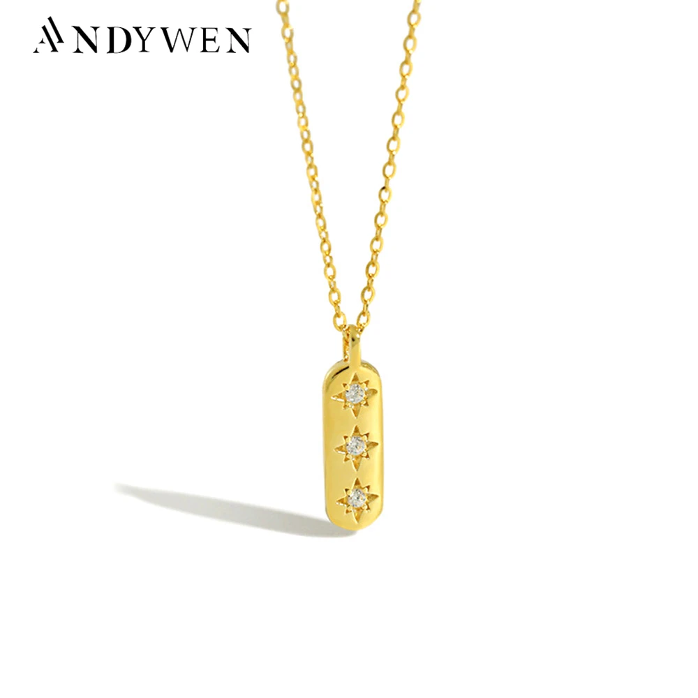 ANDYWEN 925 Sterling Silver Gold Square Pendant Three Zircon Necklace Long Chain Choker Luxury Jewelry Fashionable Jewels